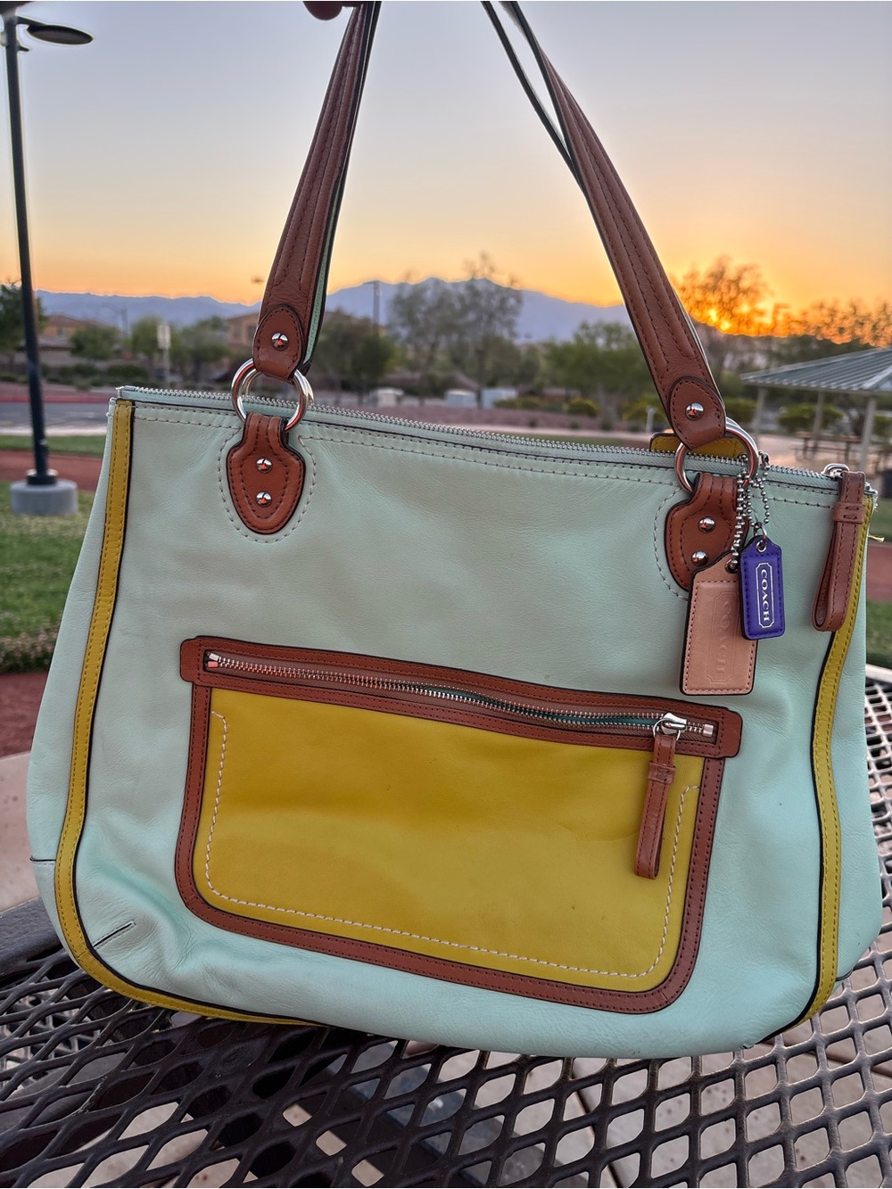 Coach Mint Green and Yellow Leather Shoulder Bag with Brown Trim